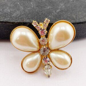 VINTAGE Faux pearl, clear rhinestone, and gold tone metal butterfly brooch pin